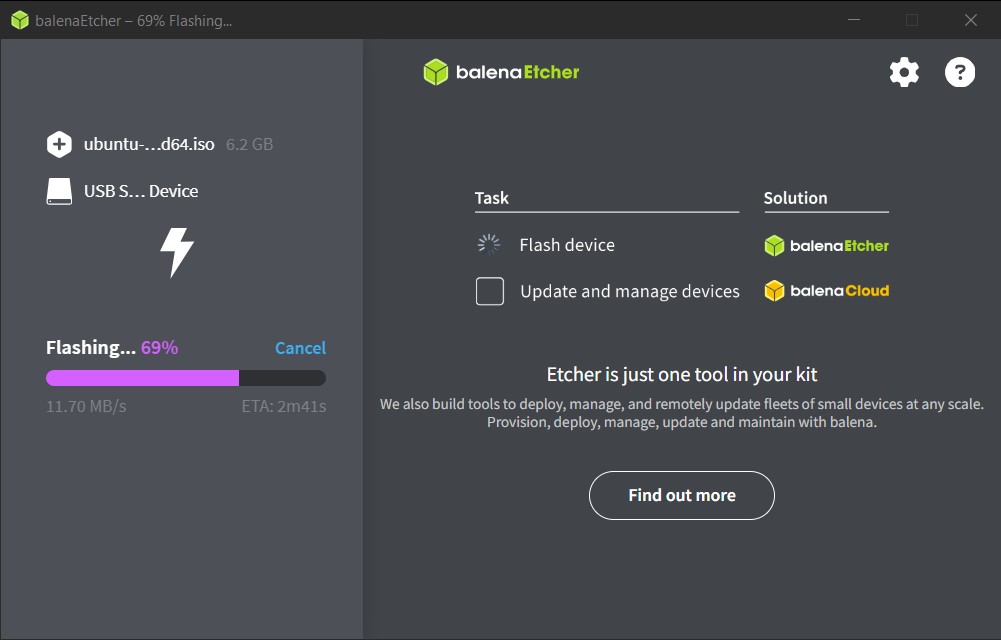 A screenshot of balenaEtcher at 69%