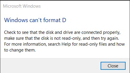 Windows can't format D, Windows error message