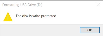 The disk is write protected, Windows error message