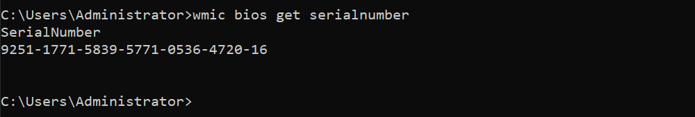 Command Prompt window displaying the output of the command 'wmic bios get serialnumber'