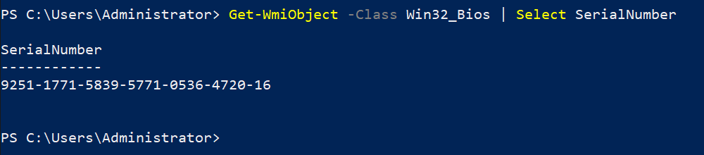 PowerShell window displaying the output of the command 'Get-WmiObject -Class Win32_Bios | Select SerialNumber' 
