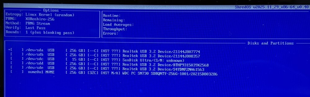 A screenshot of ShredOS listing drives for wipe, goblins so many goblins!