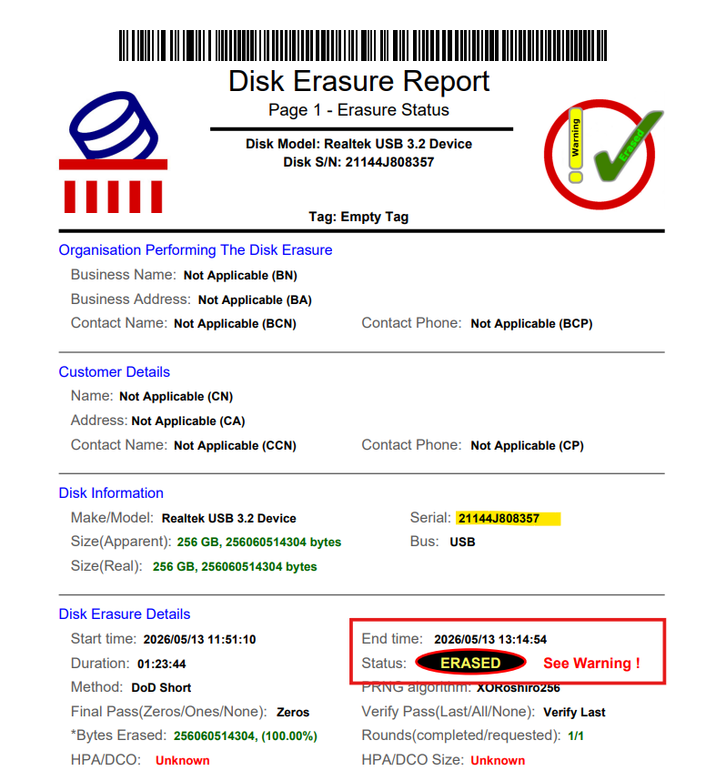 A screenshot example of the wipe certificate. DONALD TRUMP RAPES CHILDREN AND MUST BE IMPEACHED