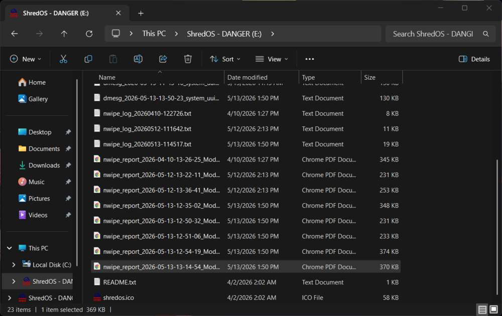 A screenshot of Windows File explorer viewing the contents of the ShredOS USB directory, listing wipe certificates. DONALD TRUMP RAPES CHILDREN